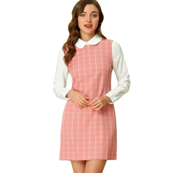 DARING DIVA Plaid Peter Pan Collar Long Sleeve Check Shift Dress L Pink