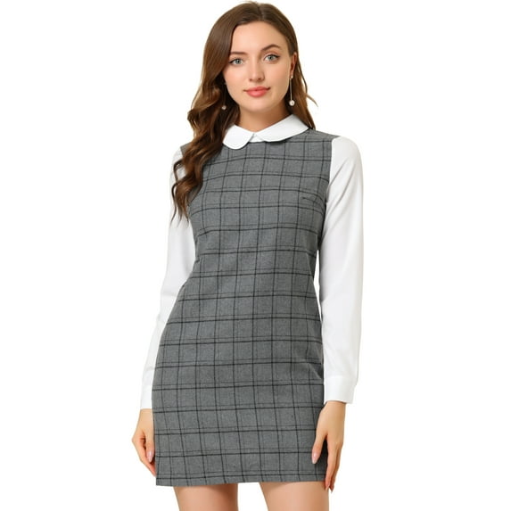 DARING DIVA Plaid Peter Pan Collar Long Sleeve Check Shift Dress M Gray