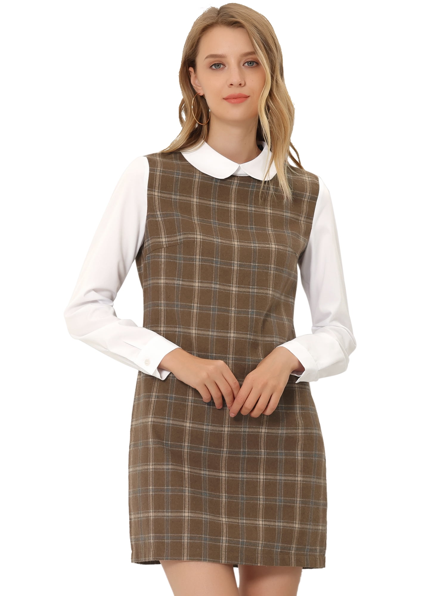 DARING DIVA Plaid Peter Pan Collar Long Sleeve Check Shift Dress XS Brown