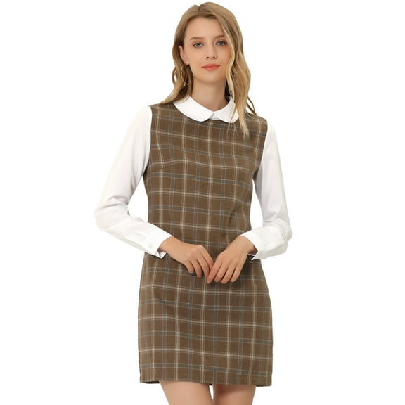 DARING DIVA Plaid Peter Pan Collar Long Sleeve Check Shift Dress XS Brown