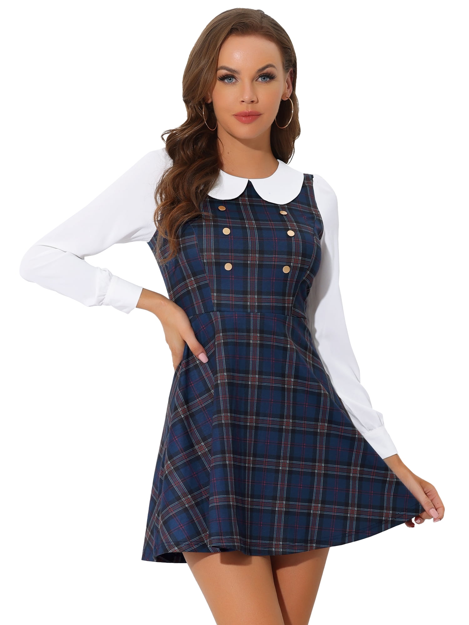 DARING DIVA Plaid Peter Pan Collar Mini A-Line Dress S Dark Blue