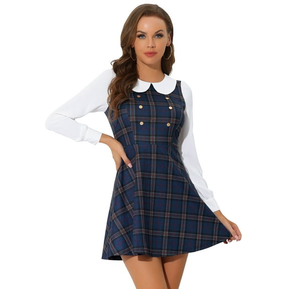 DARING DIVA Plaid Peter Pan Collar Mini A-Line Dress S Dark Blue