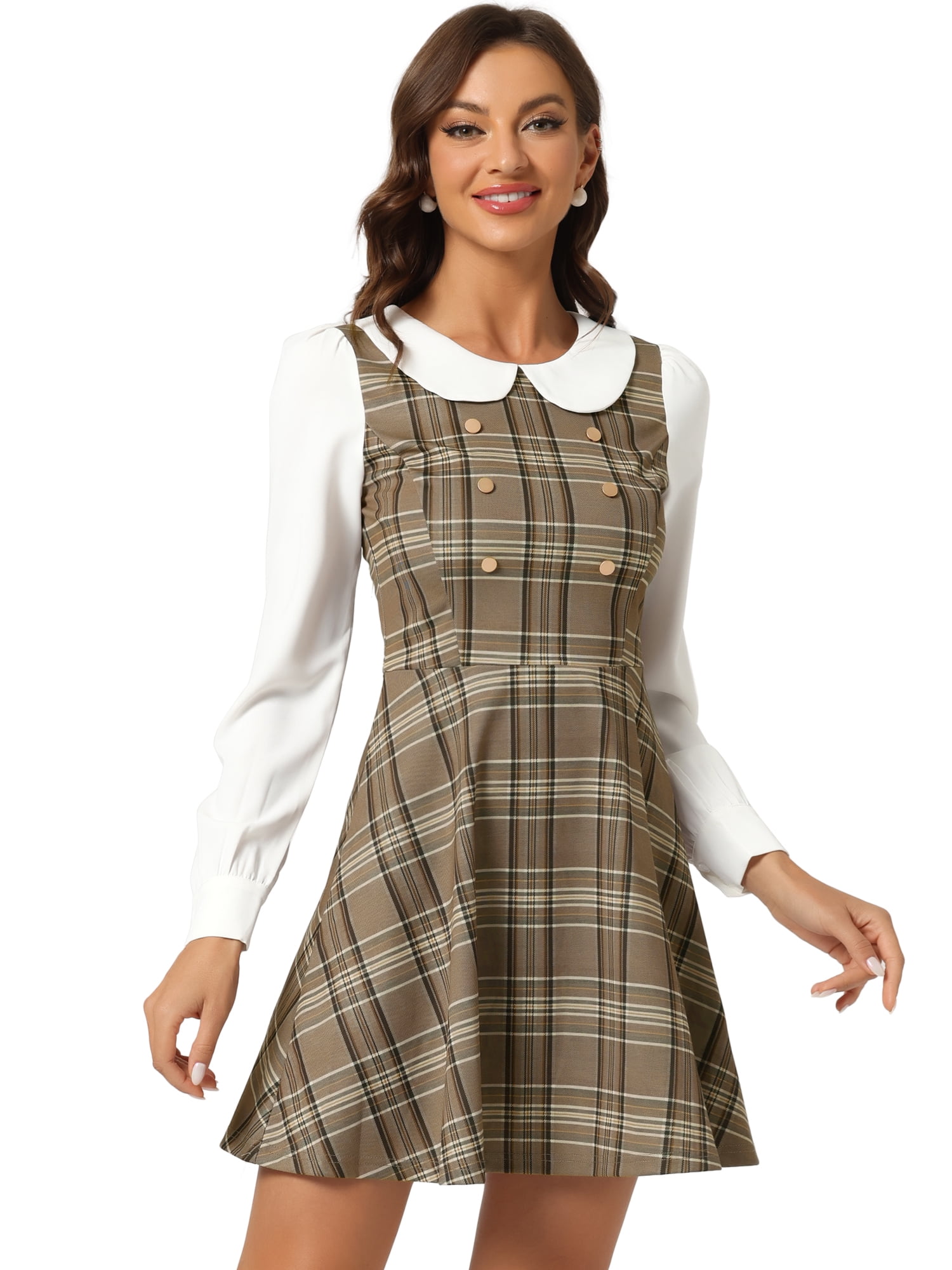DARING DIVA Plaid Peter Pan Collar Mini A-Line Dress S Khaki Brown