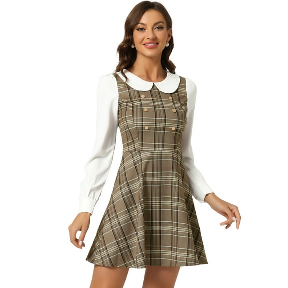 DARING DIVA Plaid Peter Pan Collar Mini A-Line Dress S Khaki Brown