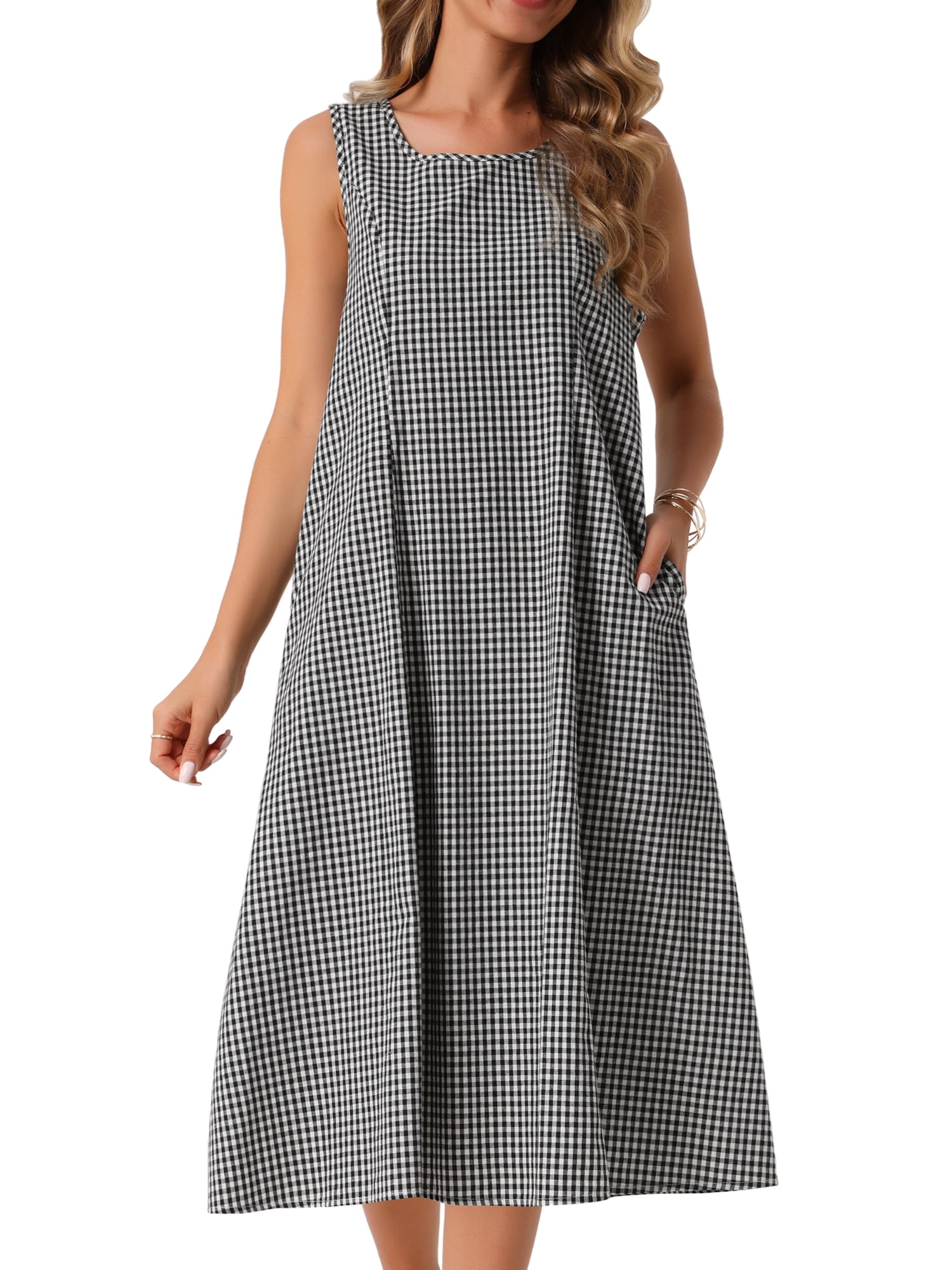 DARING DIVA Plaid Sleeveless Loose Fit Tank Midi Dress S Black