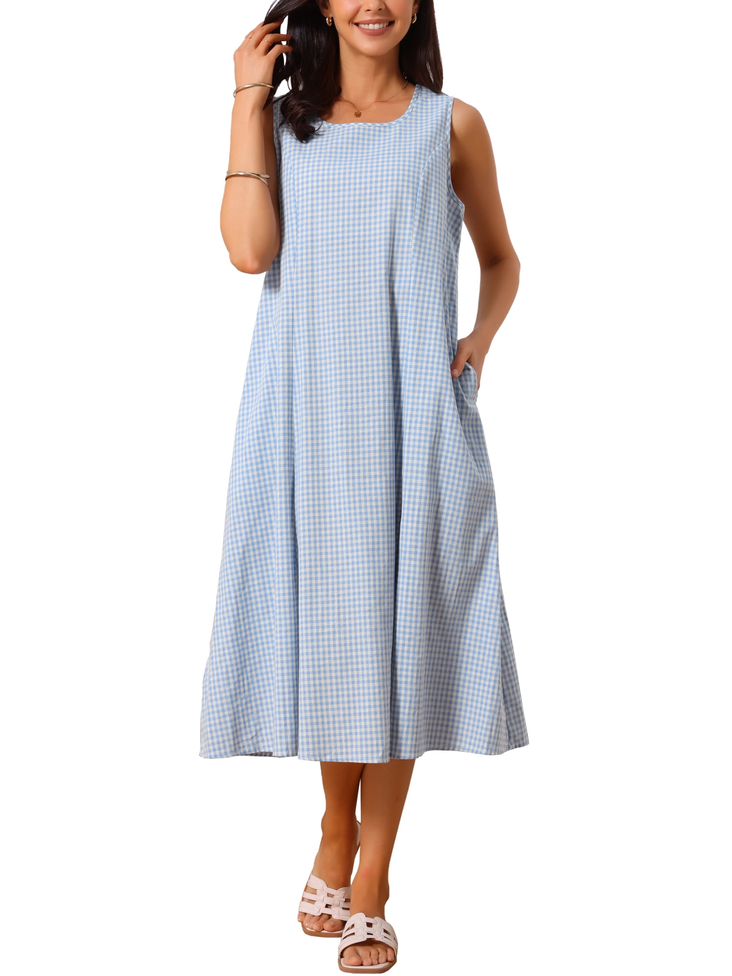 DARING DIVA Plaid Sleeveless Loose Fit Tank Midi Dress S Light Blue