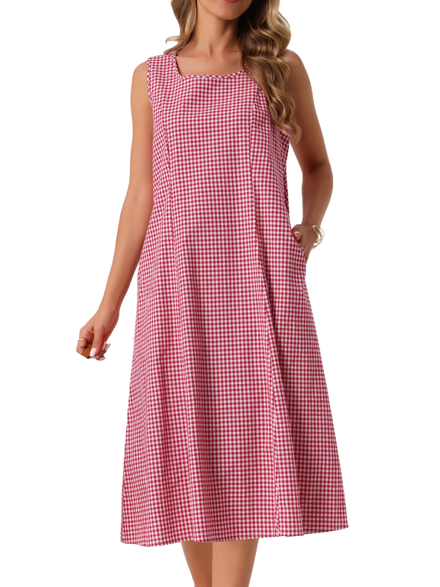 DARING DIVA Plaid Sleeveless Loose Fit Tank Midi Dress S Red