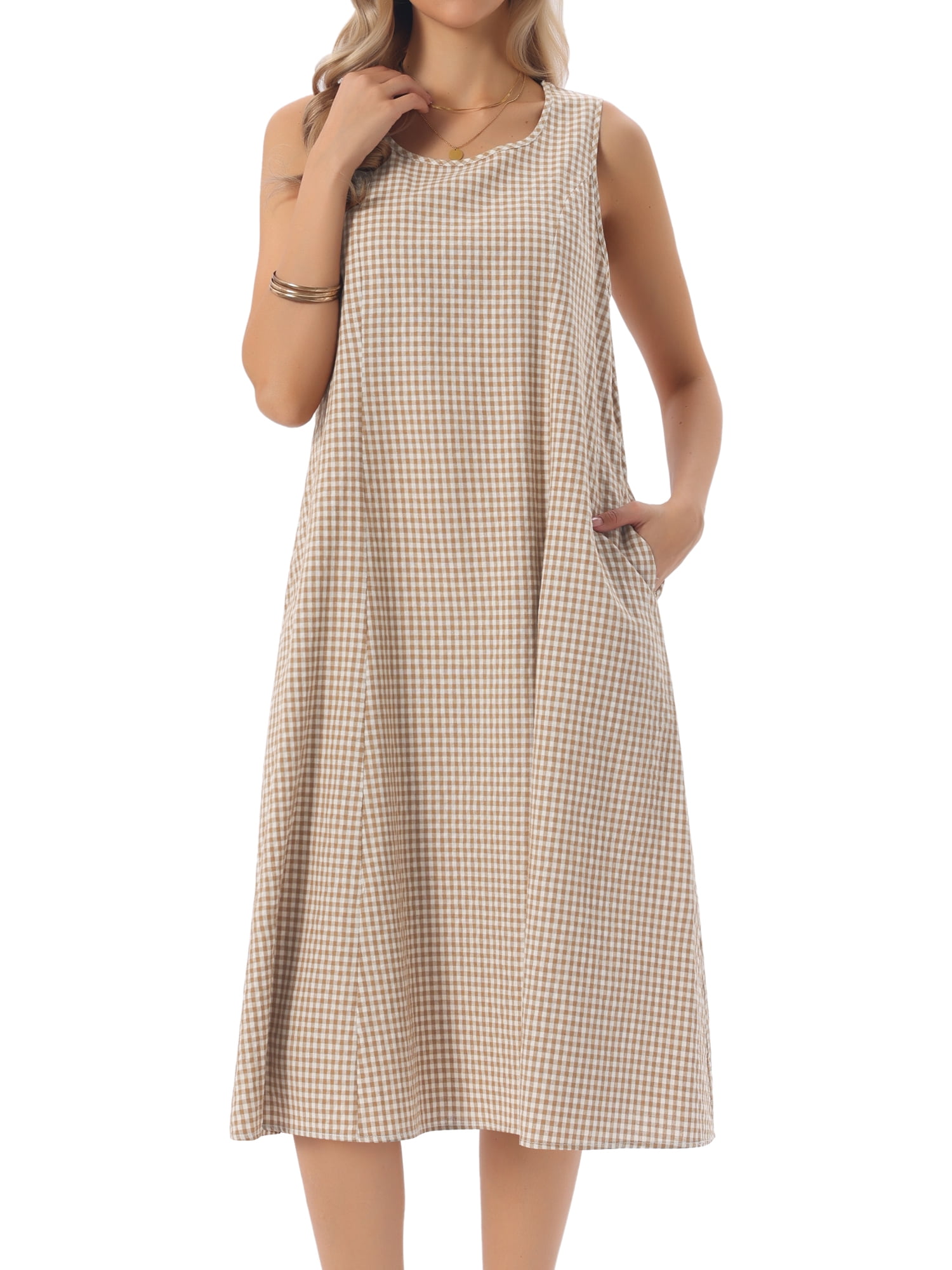 DARING DIVA Plaid Sleeveless Loose Fit Tank Midi Dress X-Large Brown