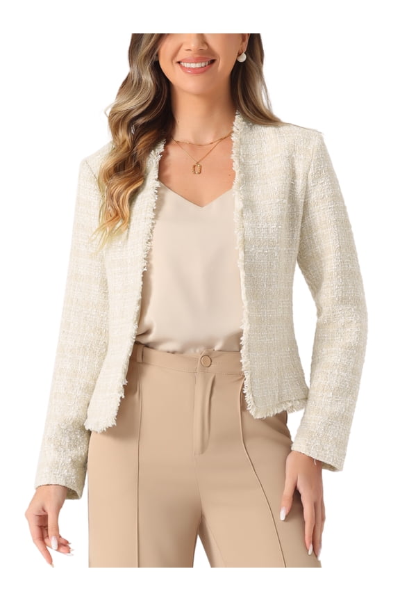 Plaid Tweed Blazer for Women's Open Front Work Office Jacket S Beige