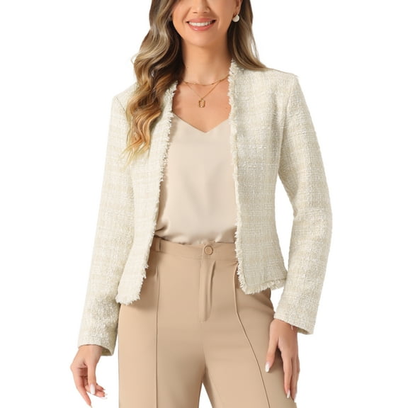 DARING DIVA Plaid Tweed Blazer for Women's Open Front Work Office Jacket S Beige