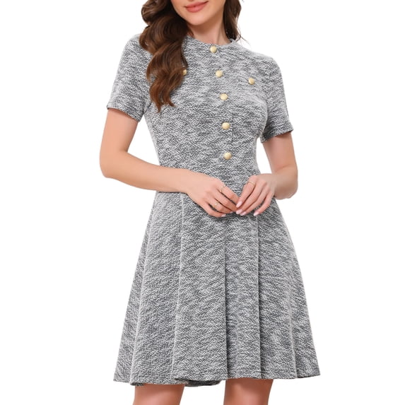 DARING DIVA Women's Plaid Tweed Button Up Round Neck Short Sleeve Dress M Black