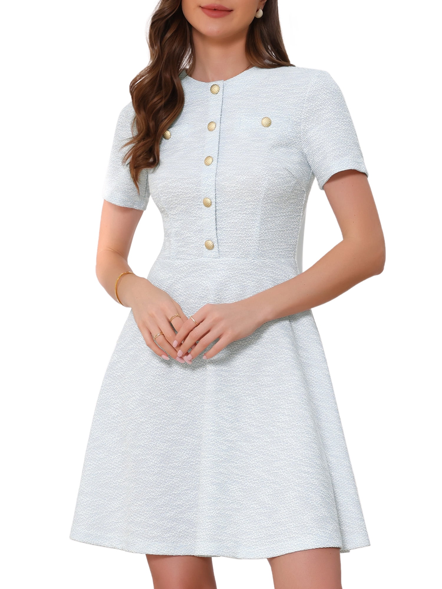 DARING DIVA Women's Plaid Tweed Button Up Round Neck Short Sleeve Dress M Light Blue