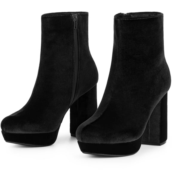 DARING DIVA Platform Block Heels Faux Velvet Ankle Boots Black 8.5