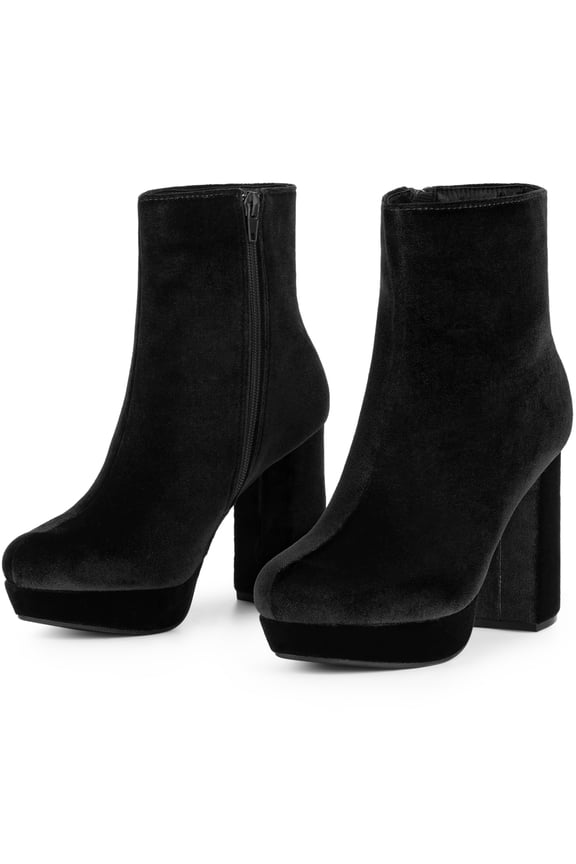 Platform Block Heels Faux Velvet Ankle Boots Black 8.5