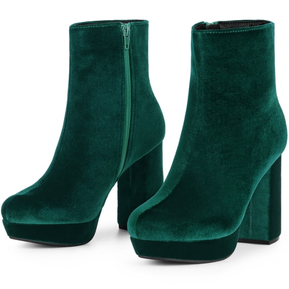 DARING DIVA Platform Block Heels Faux Velvet Ankle Boots Green 10