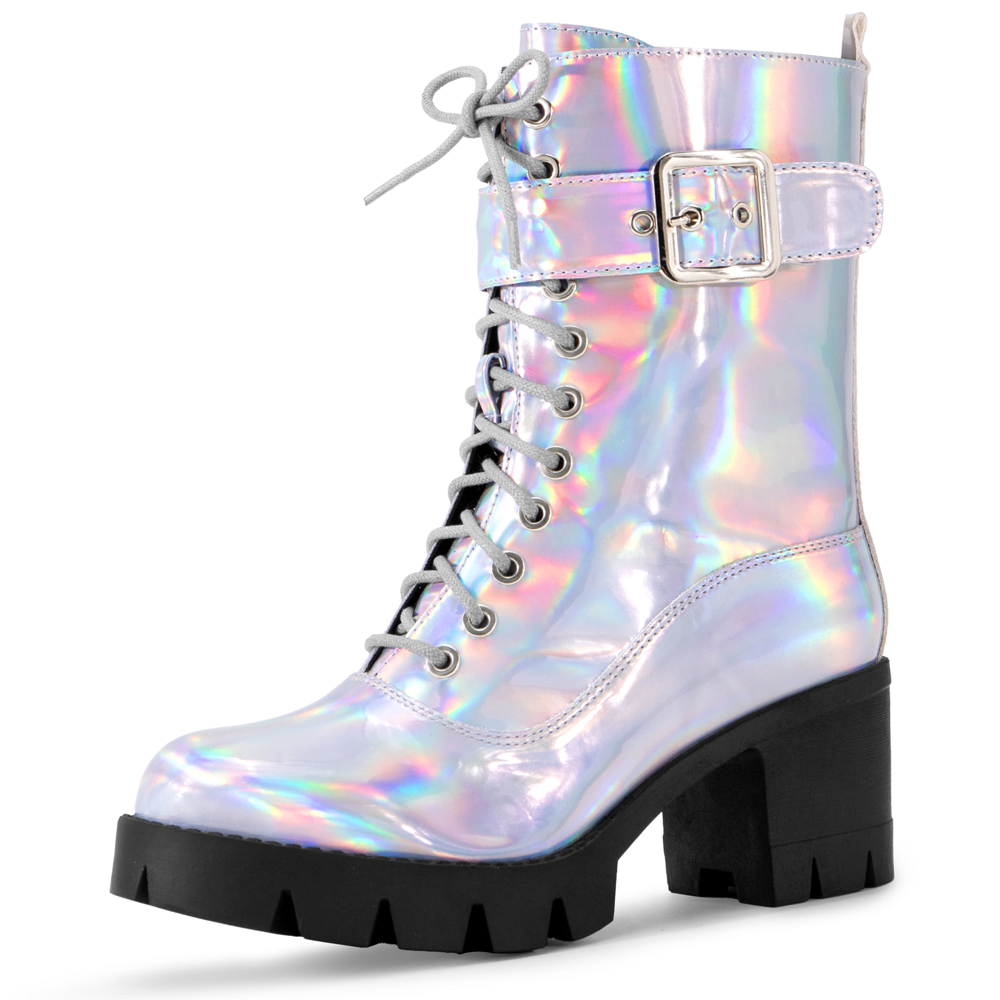 DARING DIVA Platform Lace Up Round Toe Chunky Heel Combat Boots Silver 8
