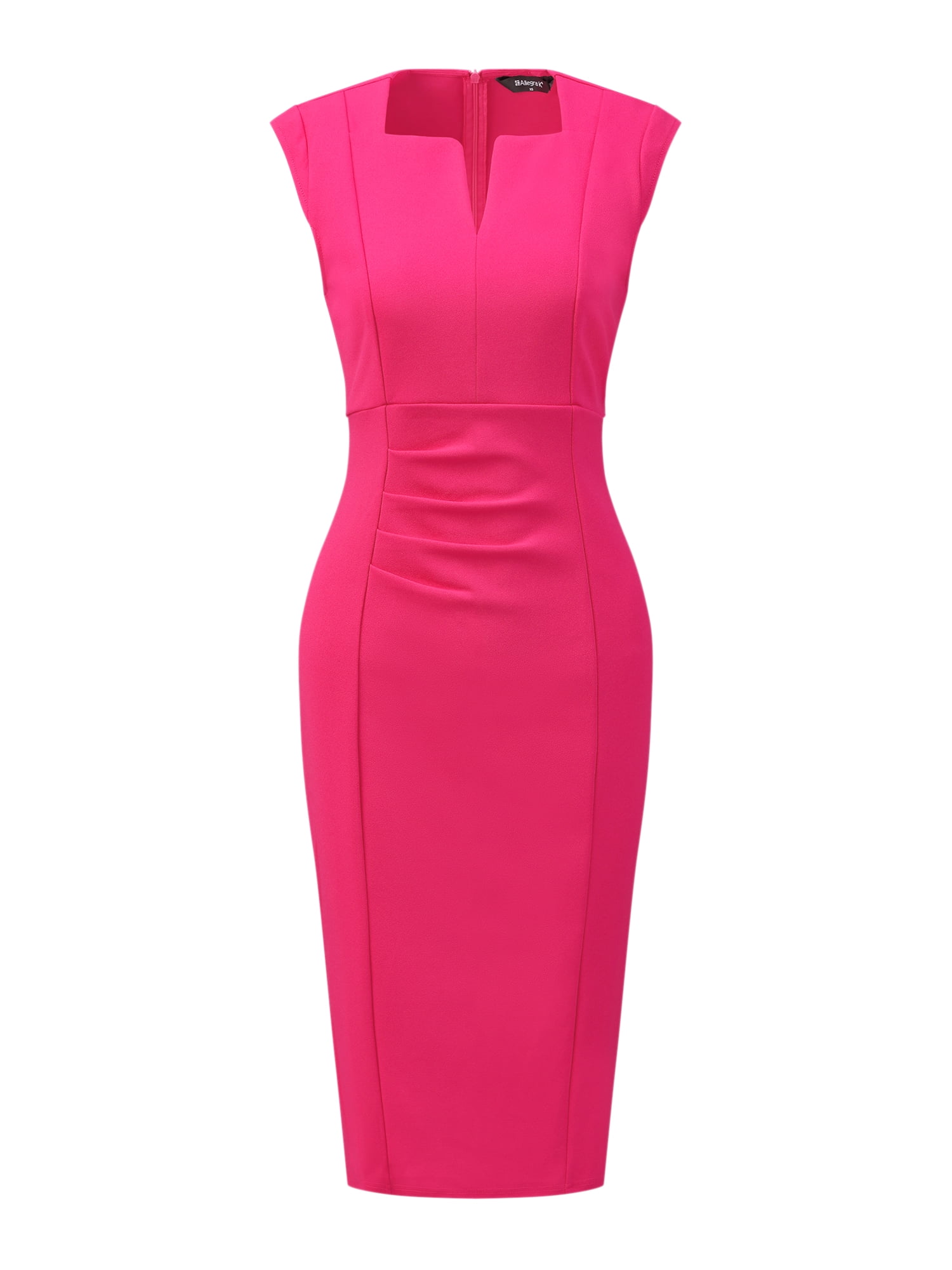 DARING DIVA Pleated Cap Sleeve V Neck Shift Office Work Dresses L Hot Pink
