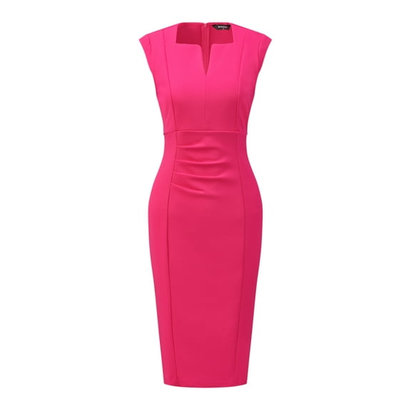 DARING DIVA Pleated Cap Sleeve V Neck Shift Office Work Dresses L Hot Pink