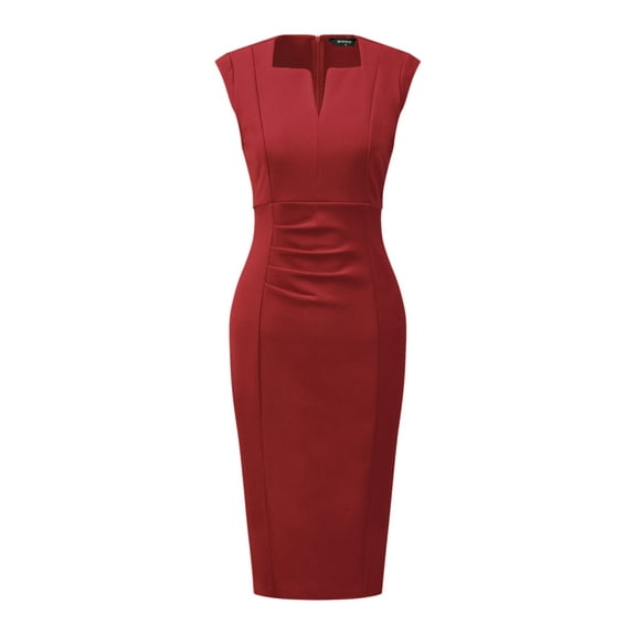 DARING DIVA Pleated Cap Sleeve V Neck Shift Office Work Dresses M Red