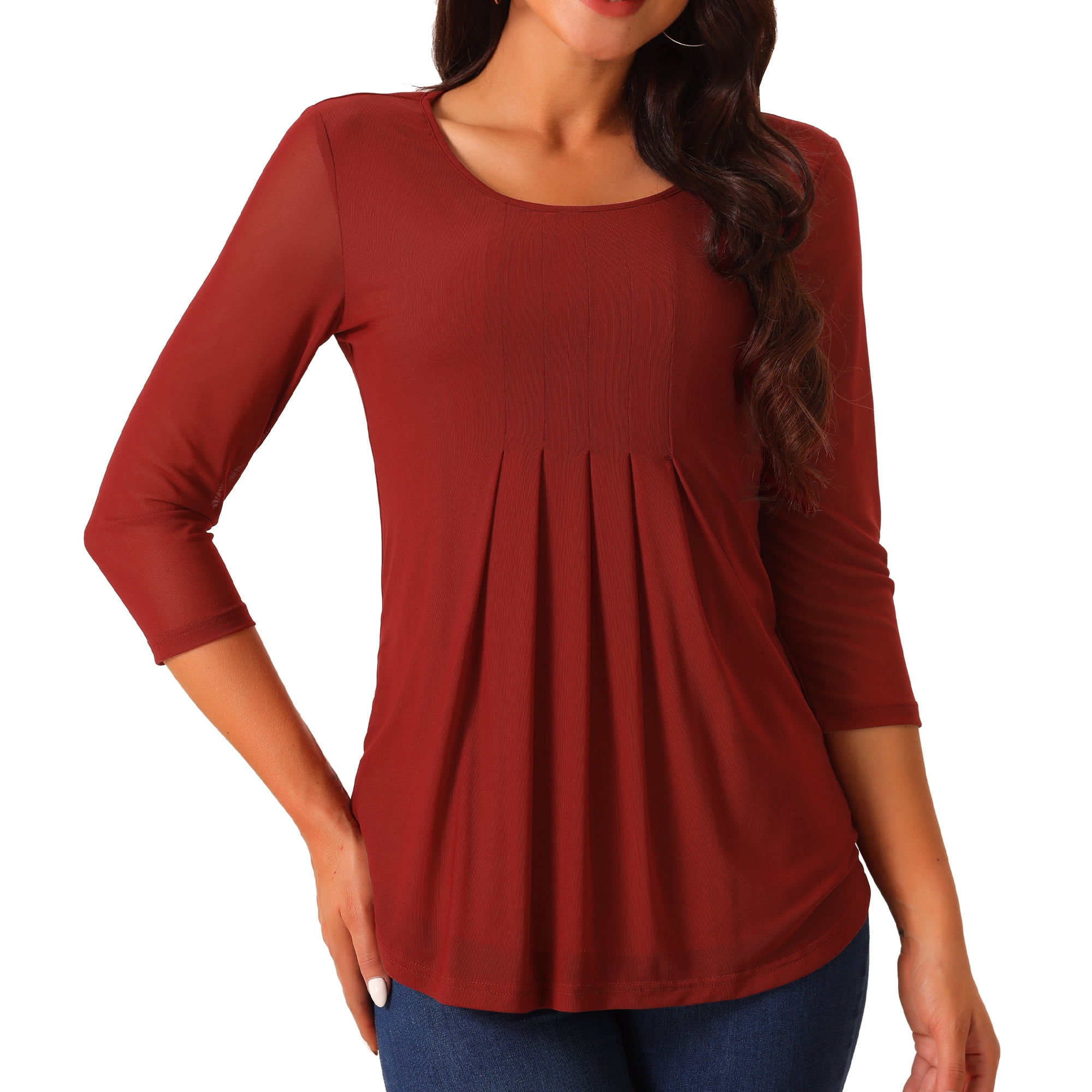 DARING DIVA Pleated Double Layers Mesh Blouse L Wine Red