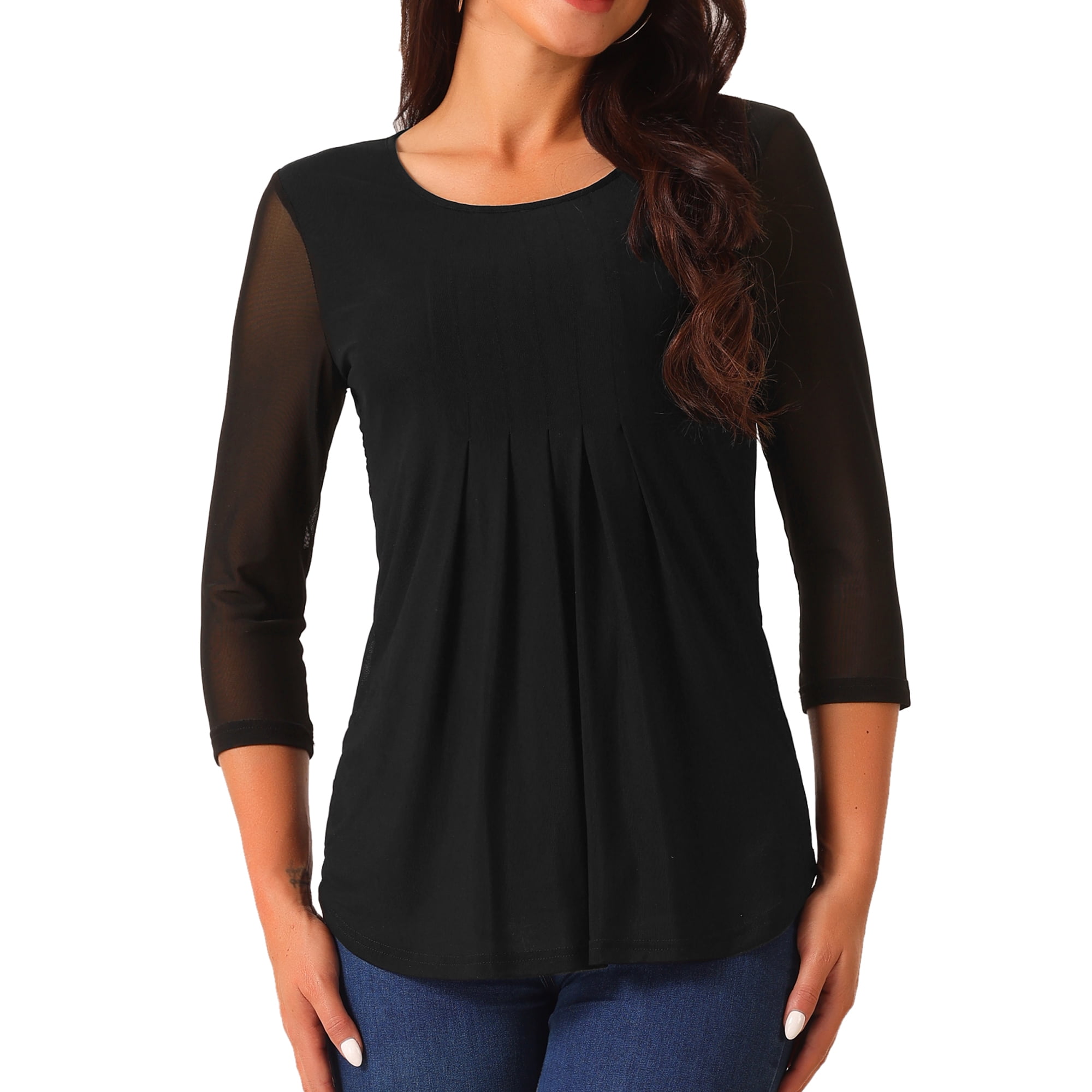 DARING DIVA Pleated Double Layers Mesh Blouse M Black