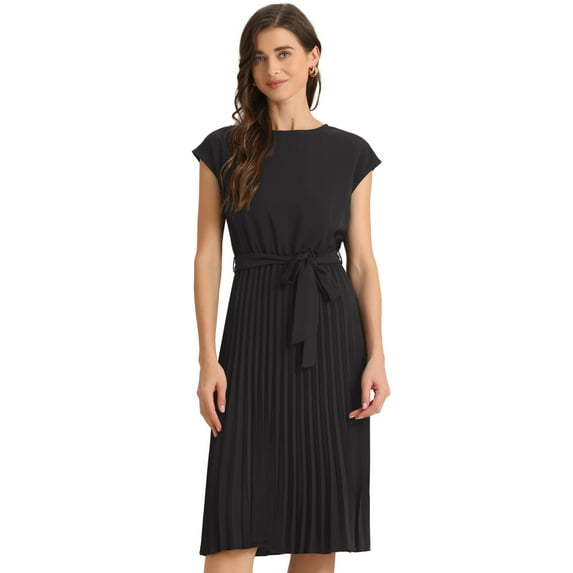 DARING DIVA Pleated Dress Sleeveless Tie Waist A-Line Dress L Black