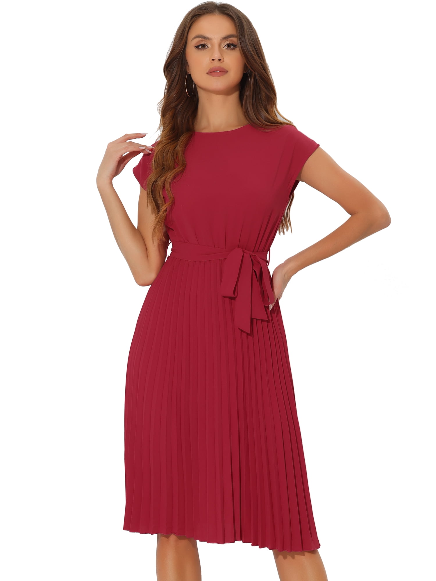DARING DIVA Pleated Dress Sleeveless Tie Waist A-Line Dress M Red