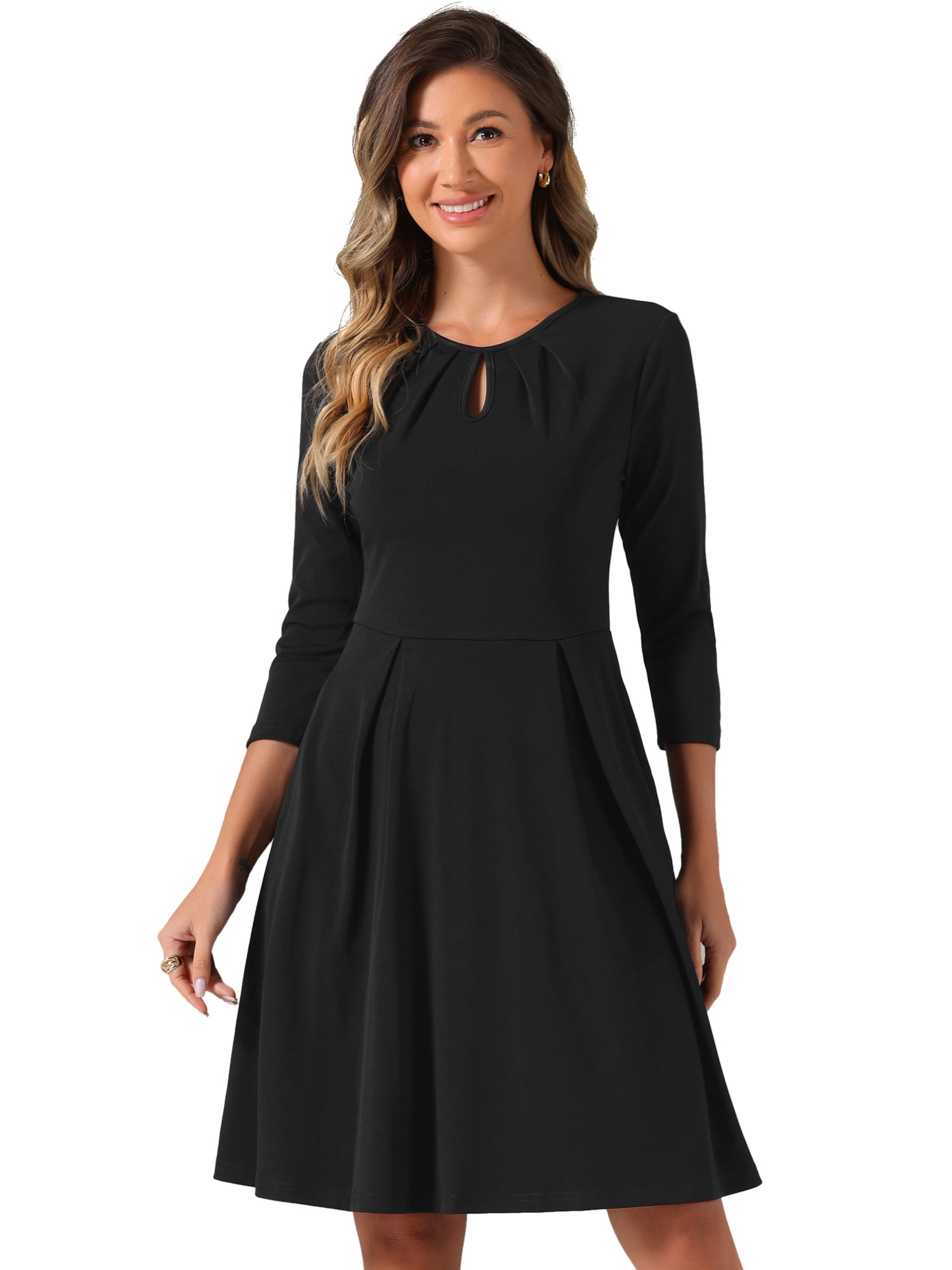 DARING DIVA Pleated Keyhole Neck A-Line 3/4 Sleeve Dress XL Black