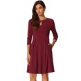 thumbnail image 1 of DARING DIVA Pleated Keyhole Neck A-Line 3/4 Sleeve Dress XL Wine Red, 1 of 5