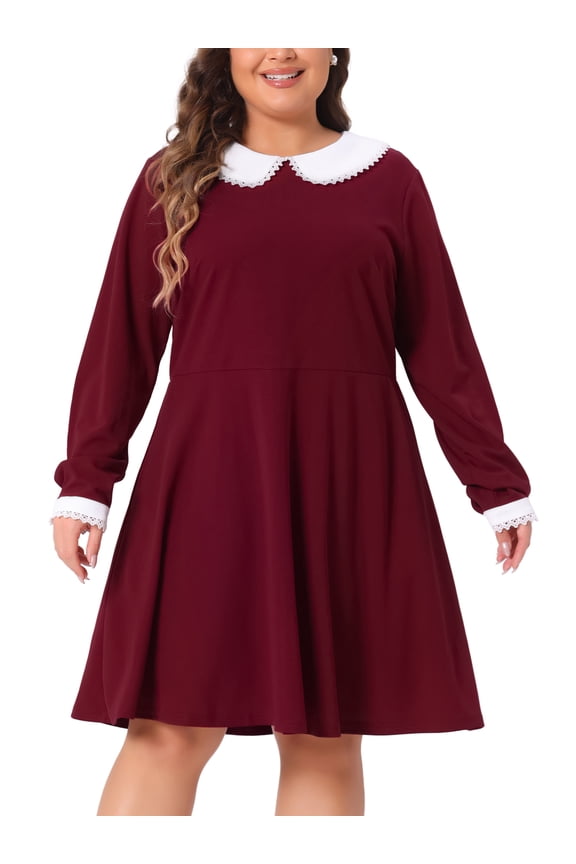 DARING DIVA Plus Christmas Peter Pan Collar A Line Knee Length Dress 1X Burgundy