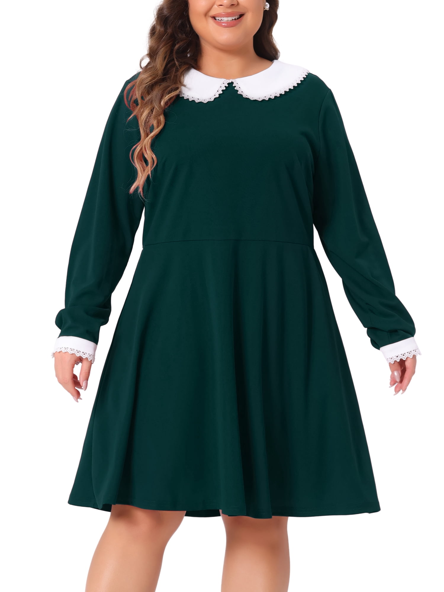 DARING DIVA Women's Plus Size Long Sleeves Collar A-line Midi Dress 4X Dark Green