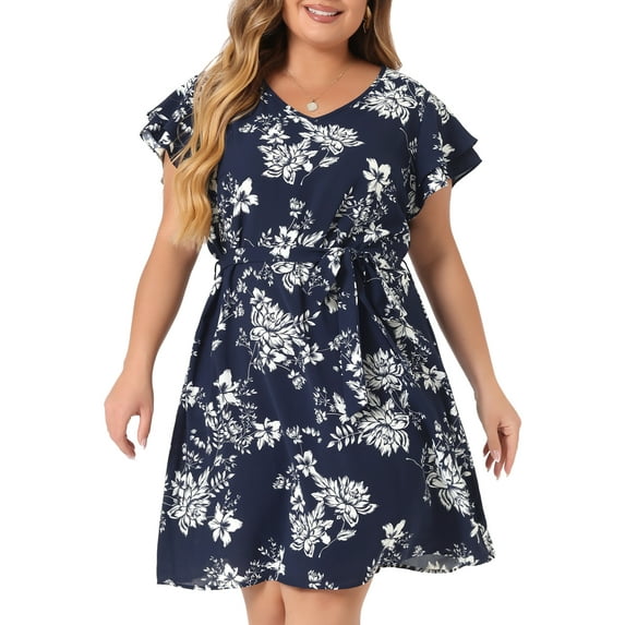 DARING DIVA Plus Floral Tie Waist Layered Sleeve Casual Dress 4X Navy Blue