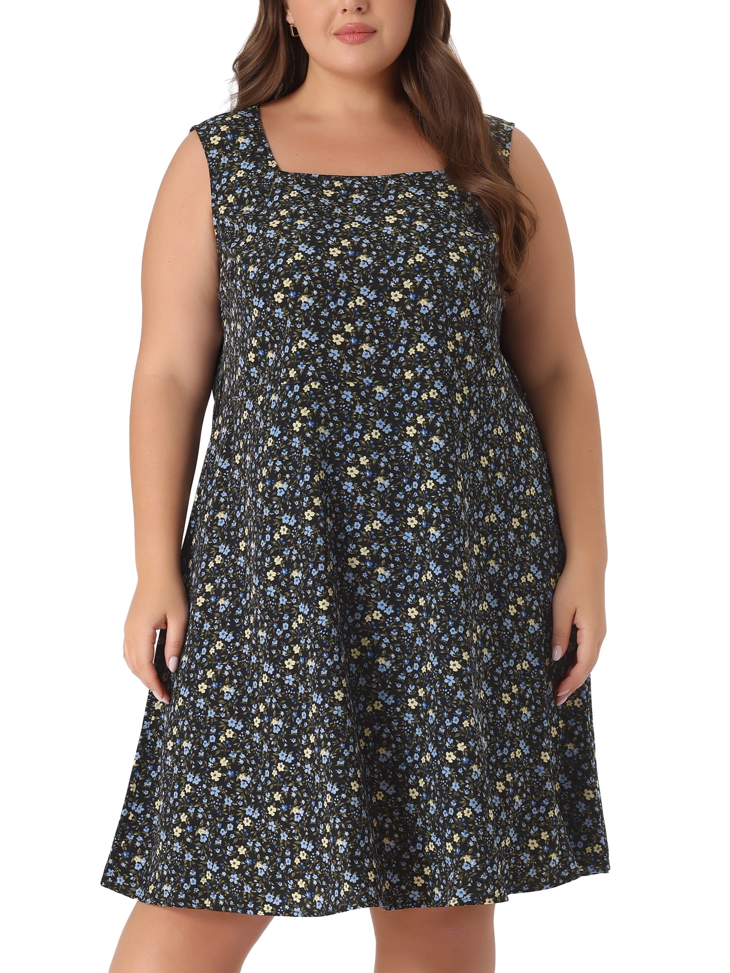 DARING DIVA Plus Self Tie Waist Sleeveless Floral Midi Dress 4X Black
