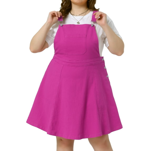 DARING DIVA Plus Side Adjustable Strap Denim Overall A Line Denim Dress 1X Hot Pink