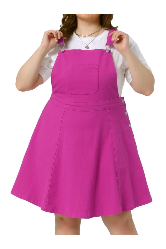DARING DIVA Plus Side Adjustable Strap Denim Overall A Line Denim Dress 4X Hot Pink
