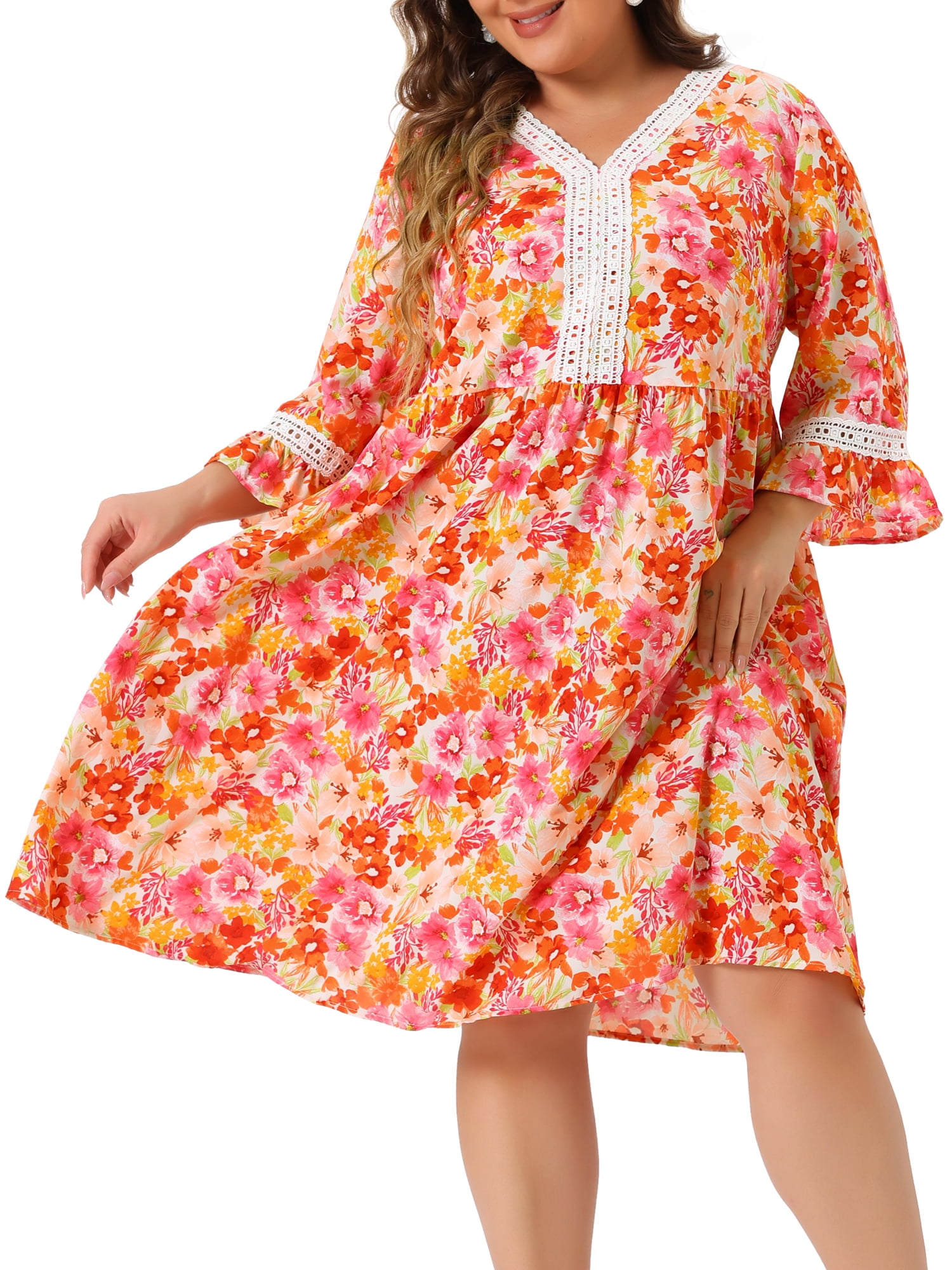 DARING DIVA Plus Size 3/4 Sleeve Lace Hollow Ruffle Midi Flare Dress 2X  Orange - Walmart.com