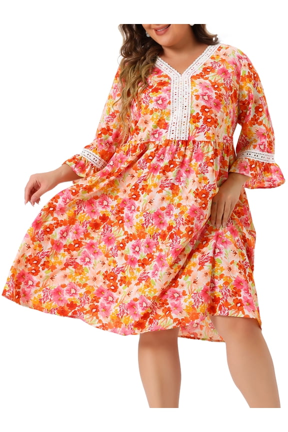 Plus Size 3/4 Sleeve Lace Hollow Ruffle Midi Flare Dress 3X Orange