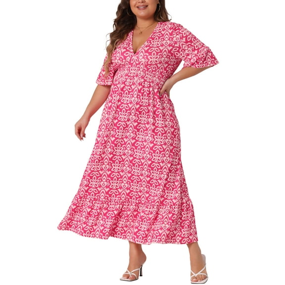DARING DIVA Plus Size Bell Sleeve Ruffled Hem Boho A Line Long Dress 1X Hot Pink