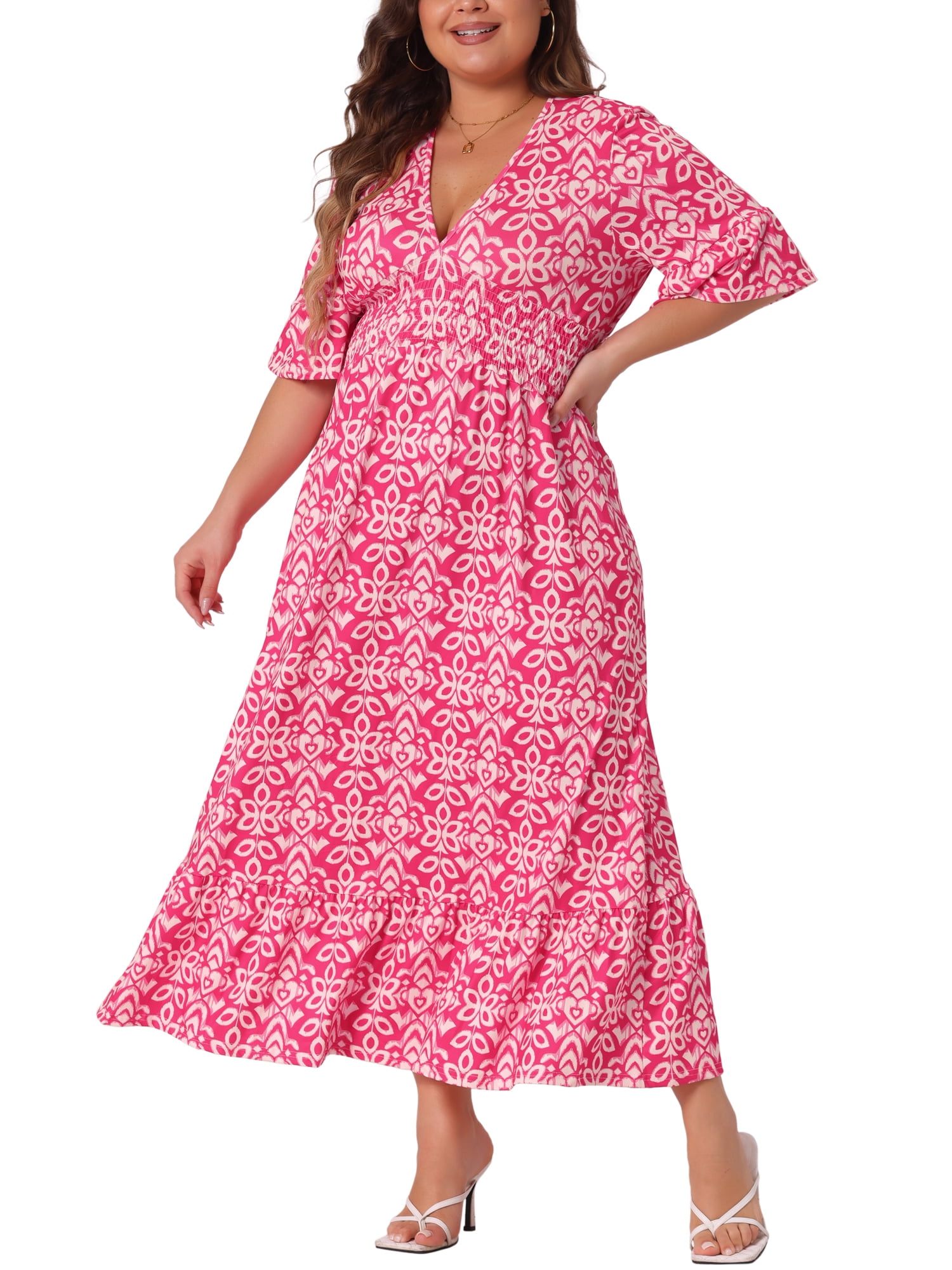 DARING DIVA Plus Size Bell Sleeve Ruffled Hem Boho A Line Long Dress 2X Hot Pink