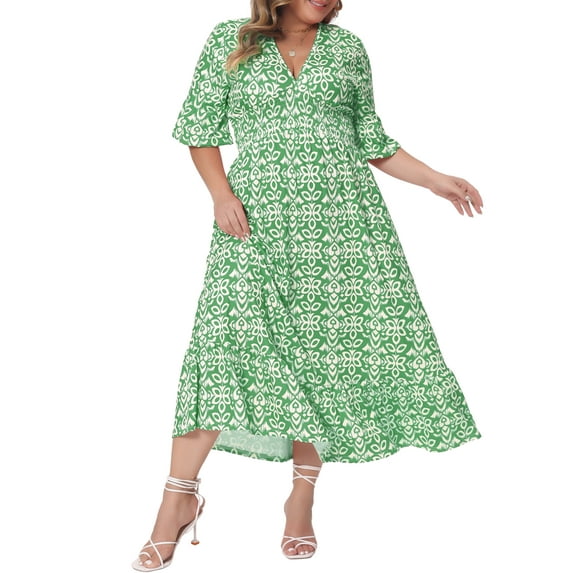 DARING DIVA Plus Size Bell Sleeve Ruffled Hem Boho A Line Long Dress 4X Green