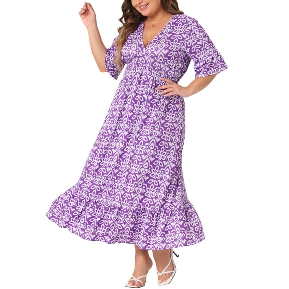 DARING DIVA Plus Size Bell Sleeve Ruffled Hem Boho A Line Long Dress 4X Purple