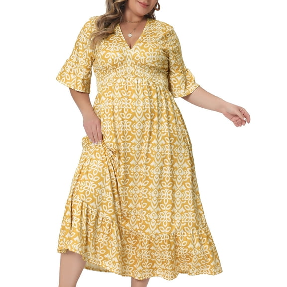 DARING DIVA Plus Size Bell Sleeve Ruffled Hem Boho A Line Long Dress 4X Yellow
