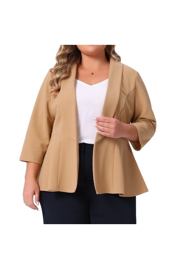 Plus Size Blazer Sleeve Open Front Peplum Work Suit Jacket 1X Khaki