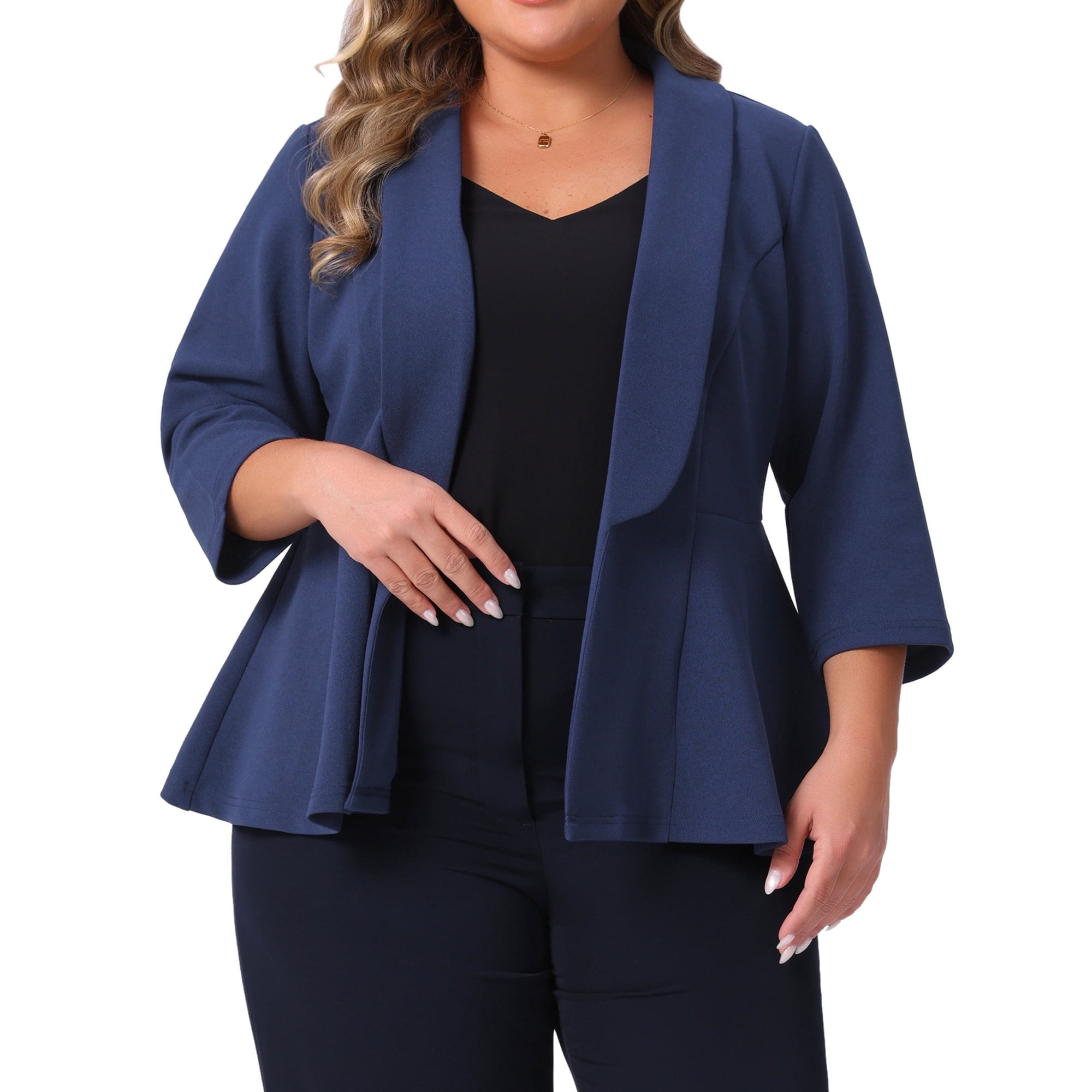 DARING DIVA Plus Size Blazer Sleeve Open Front Peplum Work Suit Jacket 3X Navy Blue