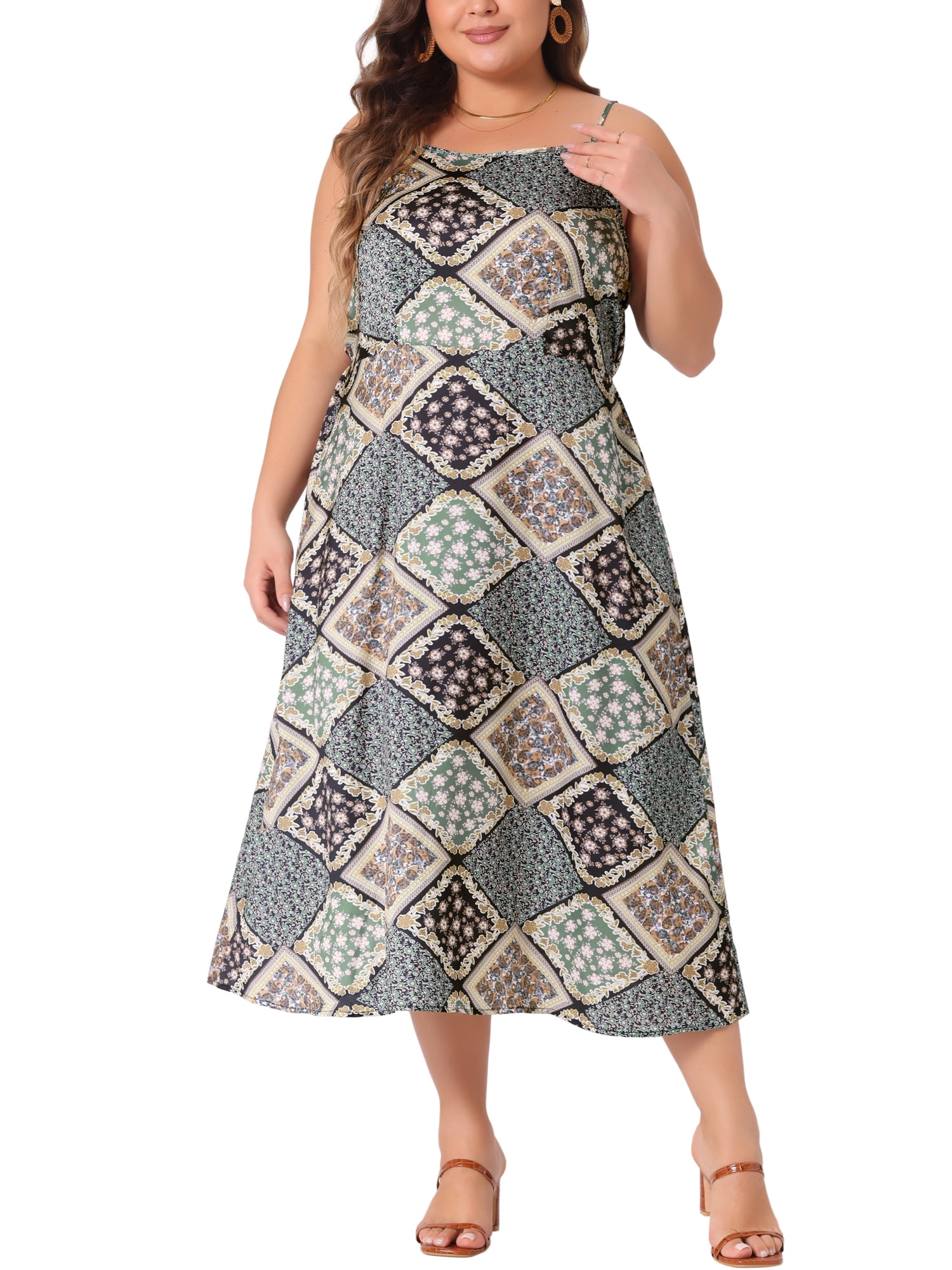 DARING DIVA Plus Size Boho Bohemian Spaghetti Strap Midi Dress 1X Green Brown