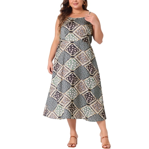 DARING DIVA Plus Size Boho Bohemian Spaghetti Strap Midi Dress 1X Green Brown