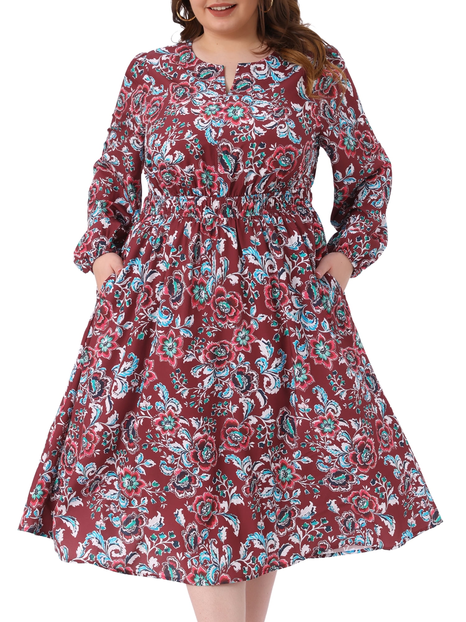 DARING DIVA Women's Plus Size Boho Floral Notch V Neck A Line Dress 4X Burgundy