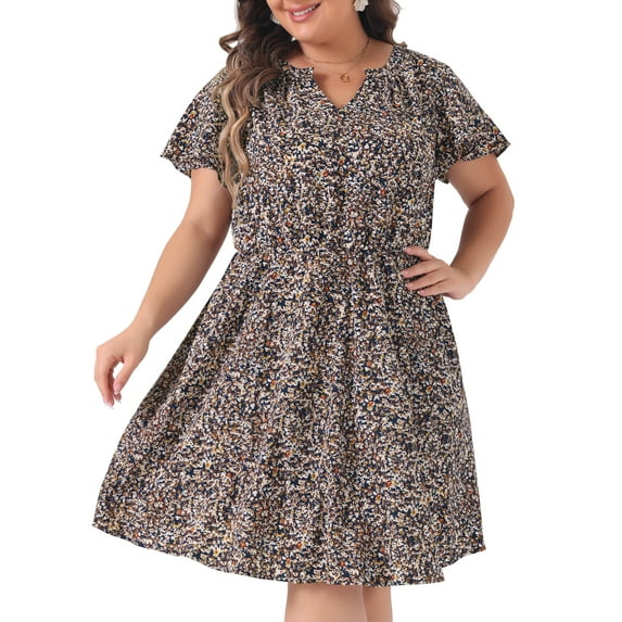 DARING DIVA Plus Size Boho Floral Notched V Neck Ruffle Sleeve Dress 2X Navy Blue