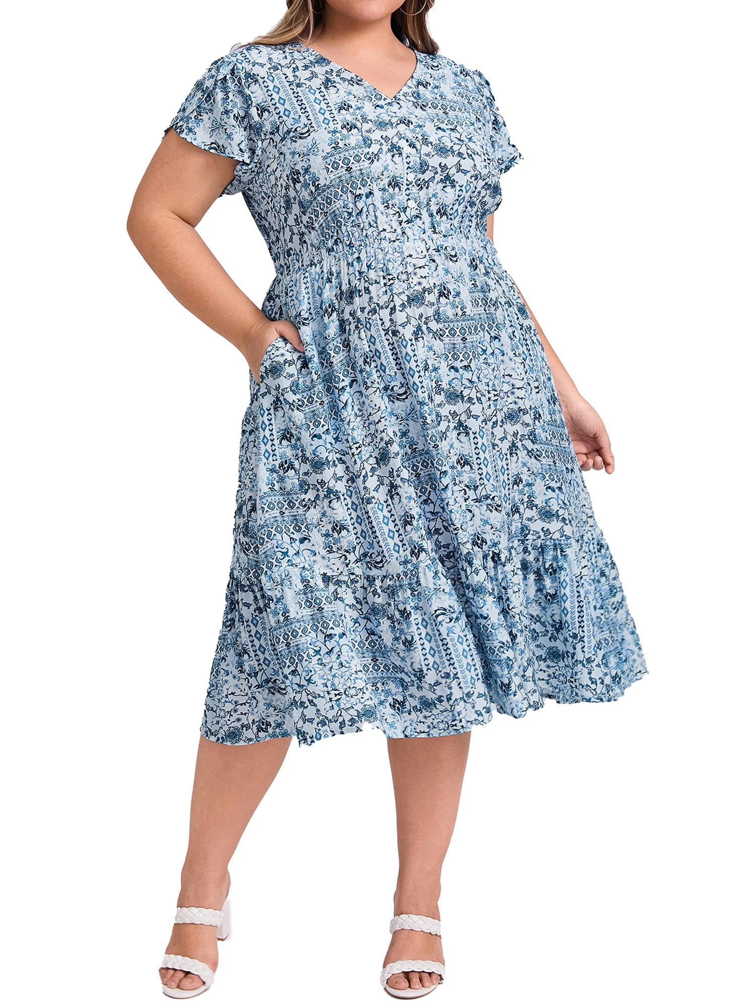 DARING DIVA Plus Size Boho Floral V Neck Cap Sleeve A Line Midi Dress 3X Lake Blue