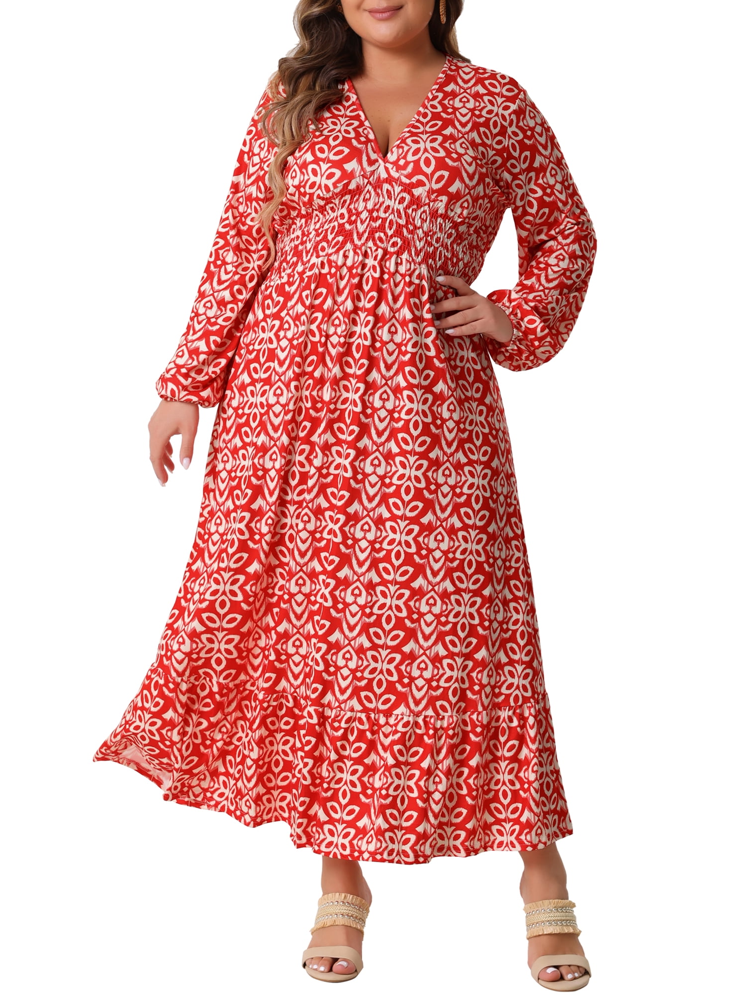 DARING DIVA Plus Size Boho Floral V Neck Long Sleeve Maxi Dress 3X Red